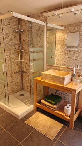 a bathroom with a sink and a glass shower at L'orée du vignoble in Vaux-en-Beaujolais