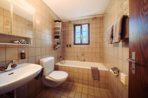 a bathroom with a sink and a toilet and a tub at Grünsee Mountain Lodge in Zermatt
