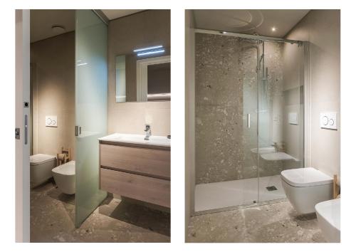 a bathroom with a shower and a sink and a toilet at Dimora Beggiami by Vayadù in Savigliano