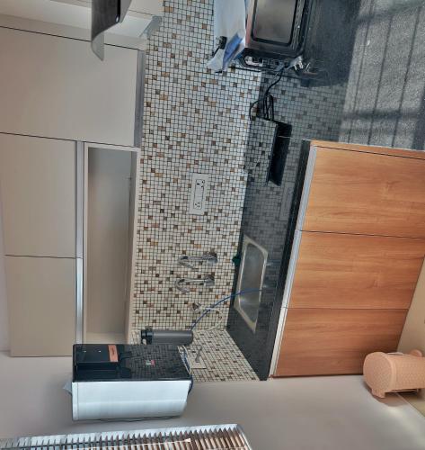 a bathroom with a shower with a sink and a mirror at Vaiga Heavens - 1 BHK Apartment, 500 m to temple in Guruvāyūr