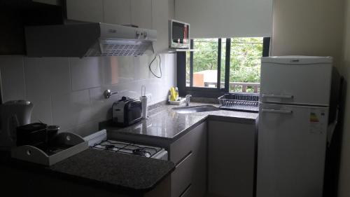 eine Küche mit einer Spüle und einem Kühlschrank in der Unterkunft Aires Sunchales in Sunchales