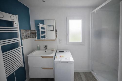 a white bathroom with a sink and a shower at Domaine des Moizons, Le Laurier in Villebernier