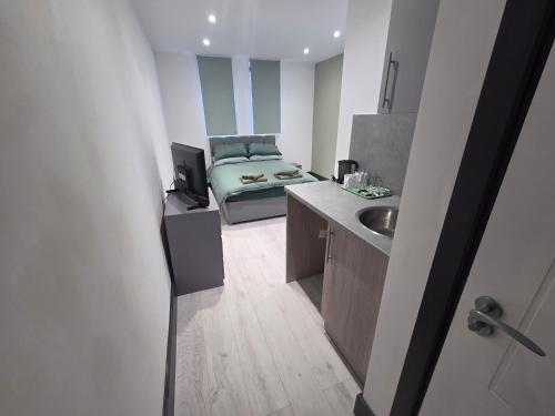 a bathroom with a sink and a bed in a room at 1066 Apart Hotel in Hastings