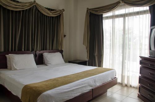 a bedroom with a large bed and a television at Hotel Plaza Real Suites & Apartments San Jose in San José
