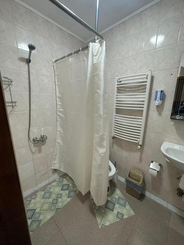 a bathroom with a shower curtain and a toilet at Бордуляка 11 in Ternopil