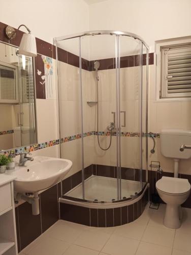 a bathroom with a shower and a sink and a toilet at Villa Rosana in Rab