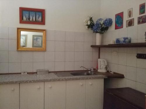 a kitchen with a sink and a mirror on the wall at Sonja's Bed and Breakfast in Lightning Ridge