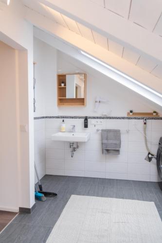 a bathroom with a sink and a mirror at Eggstätt am Chiemsee, Auto-Check-in 24-7, gratis Parkplatz an der Unterkunft, Netflix & Amazon Prime inc, voll ausgestattet in Eggstätt