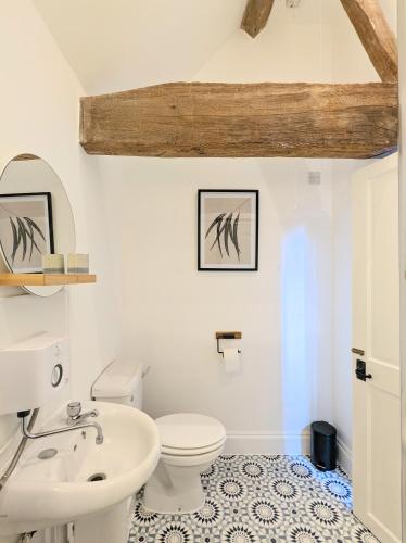 a white bathroom with a toilet and a sink at Kingfisher Barn in Abingdon