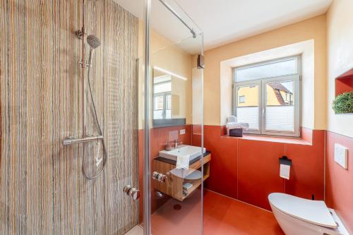 a bathroom with a shower and a toilet and a sink at Apartment mit Terrasse "Traumhopfen" in Spalt