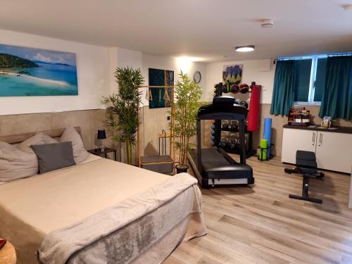 a bedroom with a bed and a fireplace at Wellness Suite - Dream SPA in Spalt