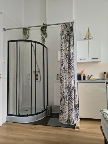 a shower in a living room with a glass enclosure at U Szermierzy in Wrocław