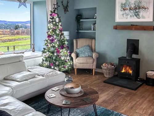 a living room with a christmas tree and a fireplace at Knocknahighle in Cromdale
