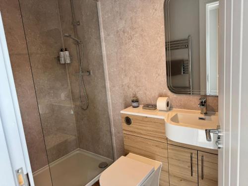 ein Badezimmer mit Dusche und Waschbecken in der Unterkunft Belstane Manor in Carluke