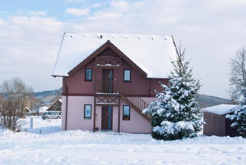 a house in the snow with a christmas tree at Apartmány Na Rozcestí in Lomnice nad Popelkou