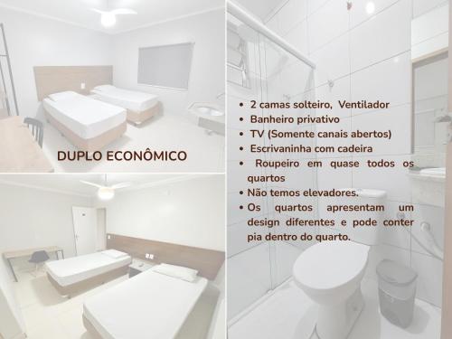 two pictures of a bathroom with text descriptions at HLN Hotel - Expo - Anhembi in São Paulo