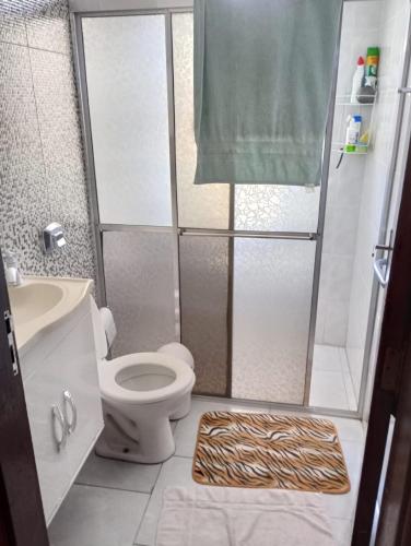 a bathroom with a shower with a toilet and a sink at Nossa Senhora Aparecida Apartment in Cachoeira Paulista