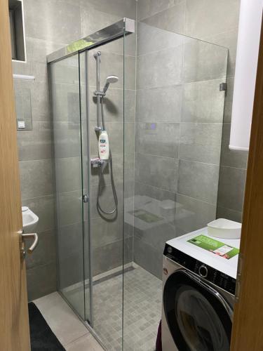 a shower stall with a washing machine in a bathroom at Offline Home in Balatonőszöd