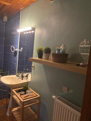 a bathroom with a sink and a mirror at La Petite maison in Montleban
