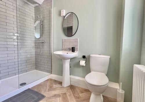 a bathroom with a toilet and a sink and a shower at Sunset Cottage in Llanddulas