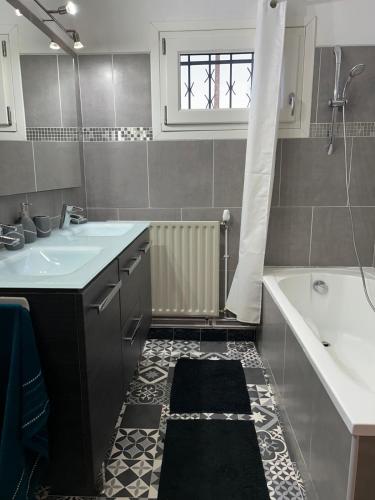 a bathroom with a tub and a sink and a bath tub at Les Figuiers Bleus in Cravencères
