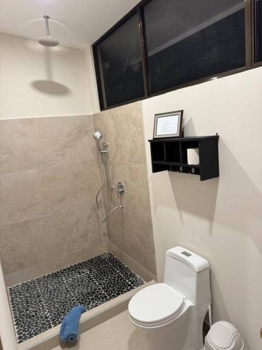 a bathroom with a shower with a toilet and a sink at Casa Rio Tortuga - Colibri in Tortugal