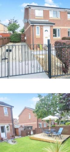 two pictures of a gate and a house at Cheerful 3 bedroom house with free parking in Hurlet