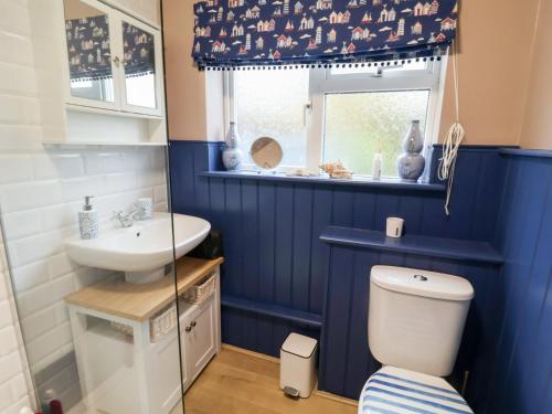 a blue bathroom with a toilet and a sink at Lilly Cottage in Woodbridge
