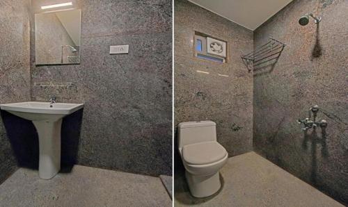 two pictures of a bathroom with a toilet and a sink at Starlight Hotels Palm Tree Mylapore Ramakrishna Mutt Road chennai in Chennai