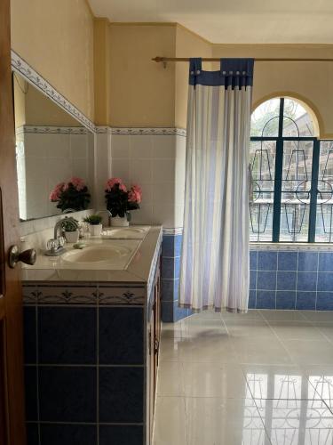 a bathroom with a sink and a mirror and a window at Brussels Garden Inn in Lagawe