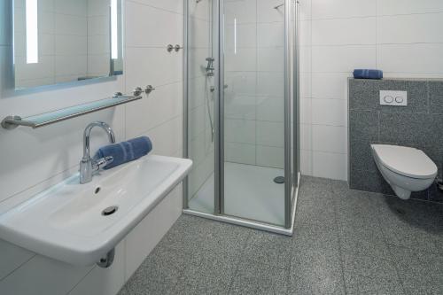 a bathroom with a shower and a sink and a toilet at Ferienhaus Caskade in Bensersiel