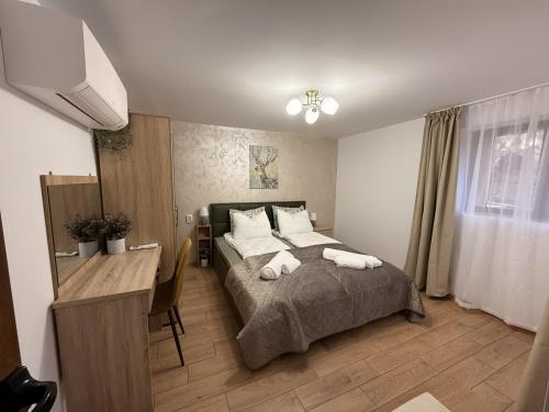 a bedroom with a bed and a desk and a desk at Villa Solina in Sapareva Banya