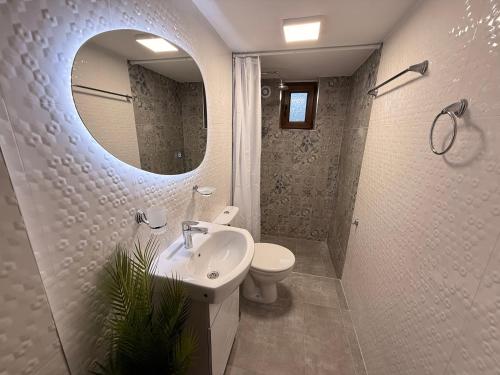 a bathroom with a sink and a toilet and a mirror at Villa Solina in Sapareva Banya