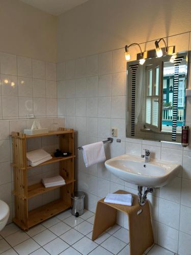 a bathroom with a sink and a toilet and a mirror at Hotel Am Grudenberg in Halberstadt