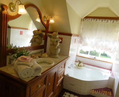 ein Badezimmer mit einem Waschbecken, einer Badewanne und einem Waschbecken in der Unterkunft Hawk's Nest Bed & Breakfast in Bathurst