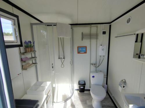 a small bathroom with a toilet and a shower at Magic Kota - Sternenguckerhaus in Wilhelminenthal