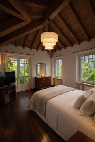 a bedroom with a large bed and a flat screen tv at Atelier Monte Bago in Felegara