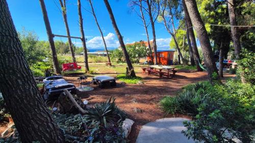 a backyard with a grill and picnic tables and trees at Apartments Vera - Mirca in Mirce