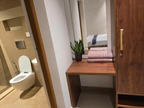 a bathroom with a toilet and a mirror and towels at KARIPPALS INN in Kottayam