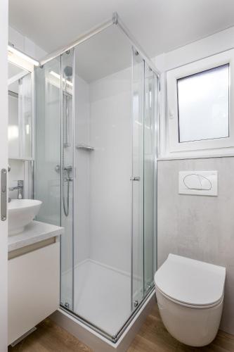 a bathroom with a shower and a toilet and a sink at Camp Panorama Plus with Pool in Drage