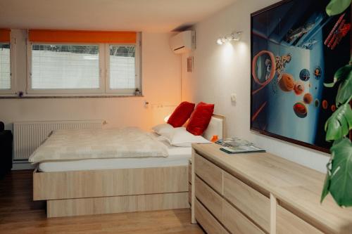 a bedroom with a bed with red pillows and a tv at Apartment Berglez in Škofja Loka