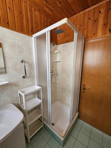 a shower with a glass door in a bathroom at Mirnockblick Apartments in Radenthein