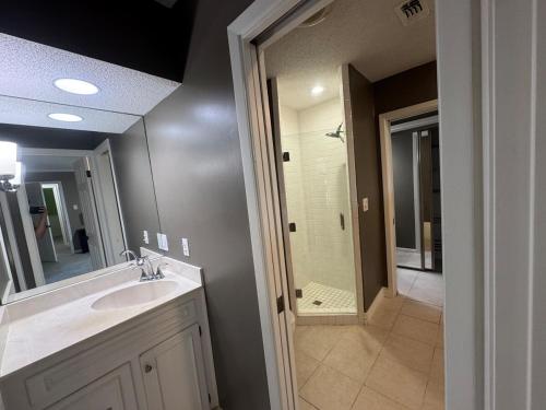a bathroom with a sink and a walk in shower at 4-Bedroom Home with Private Pool in Euless in Euless