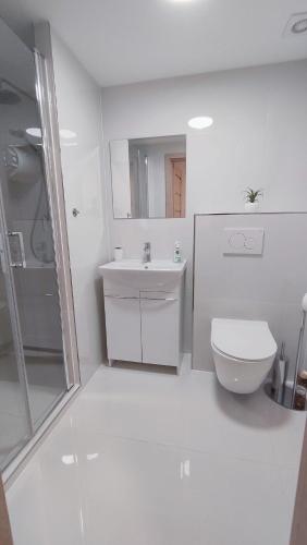 a white bathroom with a toilet and a sink at Apartmán Altis in Tatranska Strba
