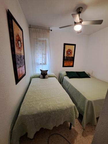 a bedroom with two beds and a cat sitting on the floor at Aguadulce Beach in Aguadulce