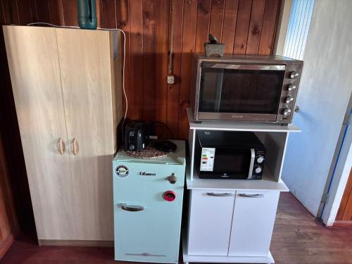 a kitchen with a microwave and a refrigerator at MiraMar Casa Azul in Puerto Saavedra