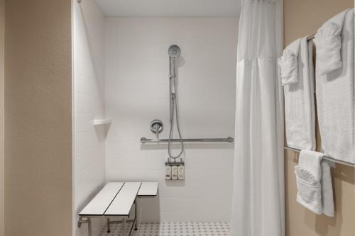 a bathroom with a shower with a bench and a shower curtain at Holiday Inn Express & Suites Phoenix - Midtown, an IHG Hotel in Phoenix