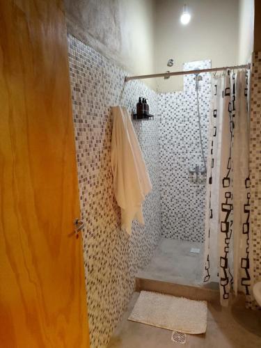 a bathroom with a shower with a shower curtain at Dormis Talampaya in Villa Unión