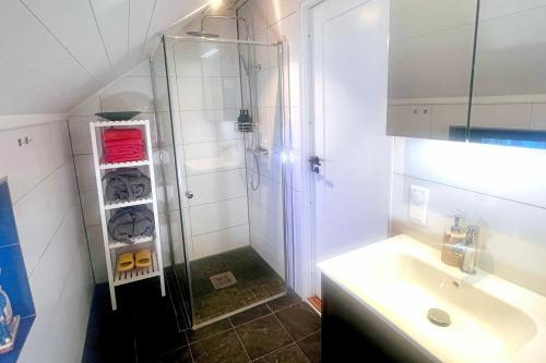 a bathroom with a shower and a sink at Studio Svartbygget in Åre