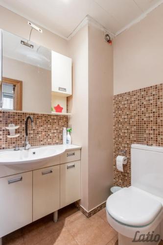 a bathroom with a toilet and a sink and a mirror at City Centre Cozy Guesthouse in Riga